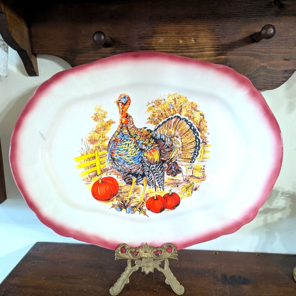 Vintage Turkey Ironstone Platter Holiday Decor Thanksgiving Pumpkins Has Chip!